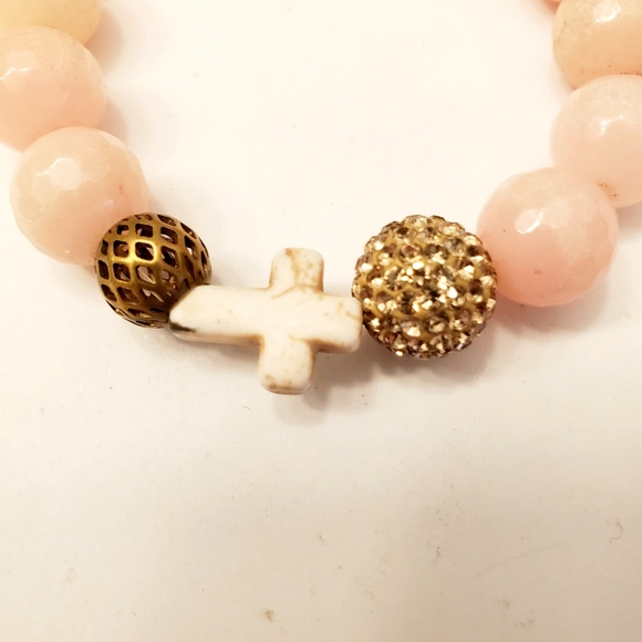 Gemelli Pink Beaded Stone Bracelet, Faceted Stones, Cross, Stretch - Picture 4 of 5